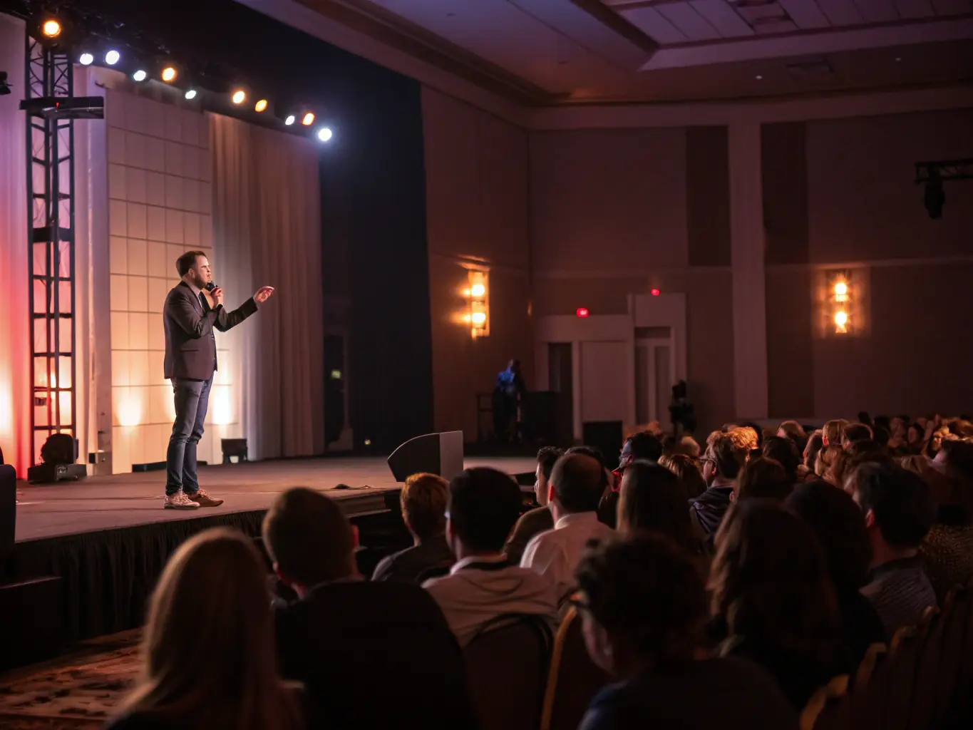A captivating image of a keynote speaker delivering a presentation on stage at the MVEA Conference, with a focused audience in the background, highlighting the speaker's expertise and the audience's engagement.